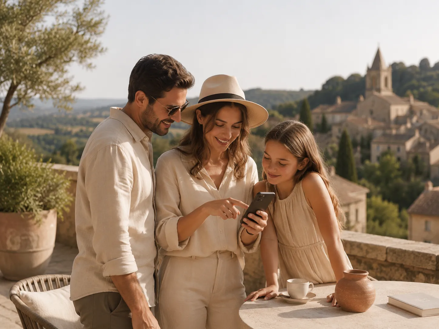 Une vacancière montre son téléphone à l'accueil, chevalet Where2Go posé sur le comptoir