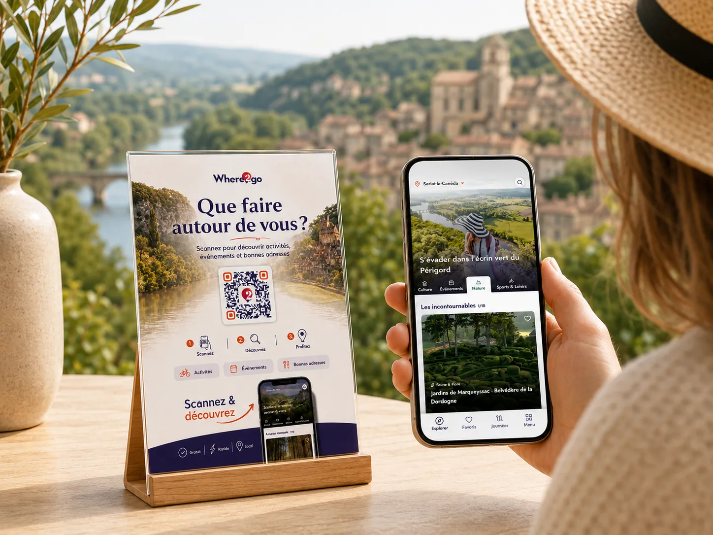 Chevalet Where2Go posé sur un comptoir d'hébergement, consulté sur smartphone