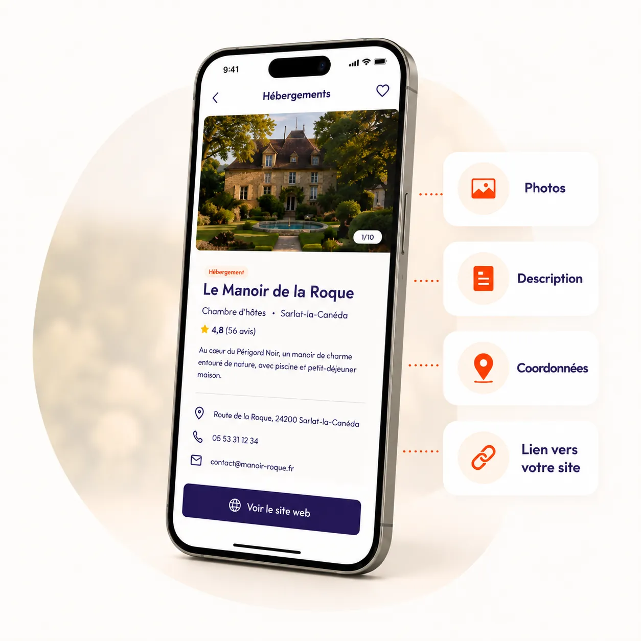 Fiche hébergement dans l'application Where2Go, consultée sur smartphone